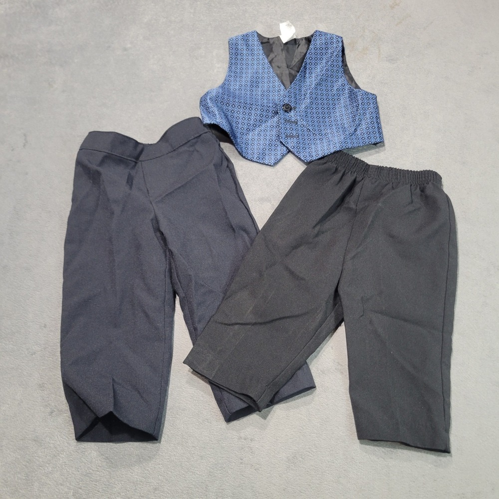 Boys 3pc Formal Vest and Pants Set 12M Blue Black Geometric Dress Suit 11634